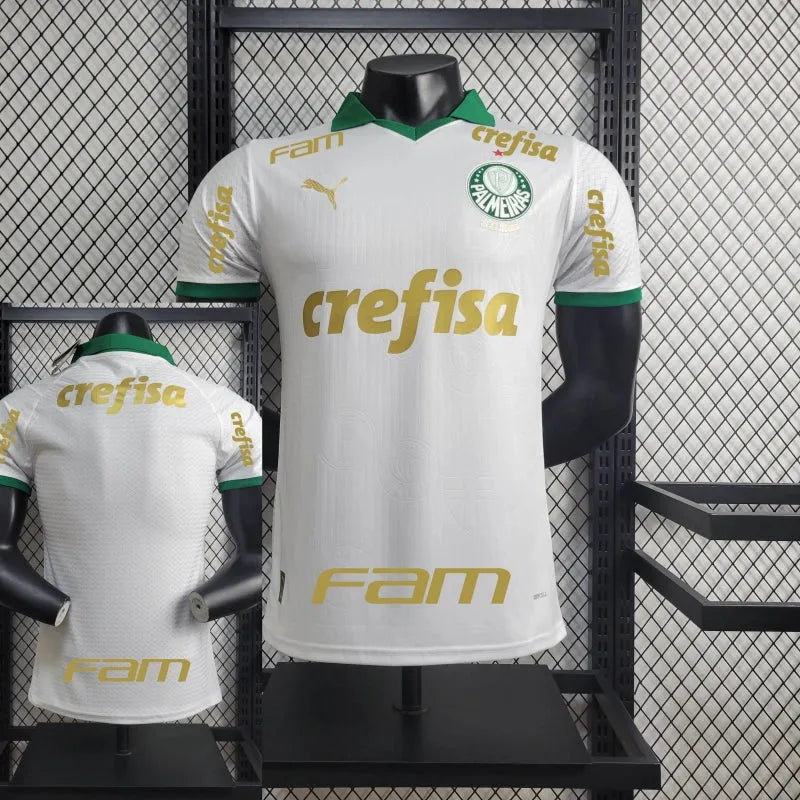 Camisa Palmeiras Away 24/25 - Jogador Masculina Branca e Dourada + Patch Brasileirão e Avanti + Patrocínios